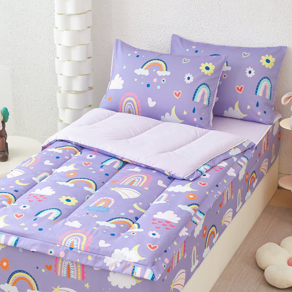 Heavyweight Warmth Zipper Kids Comforter Set, 3-Piece Purple Twin Bed in a Bag, Cartoon Rainbow Stars Flowers Printed Zip Up Comforter S... - Cloud-Like Soft Lightweight Bed Comforter - Default Title