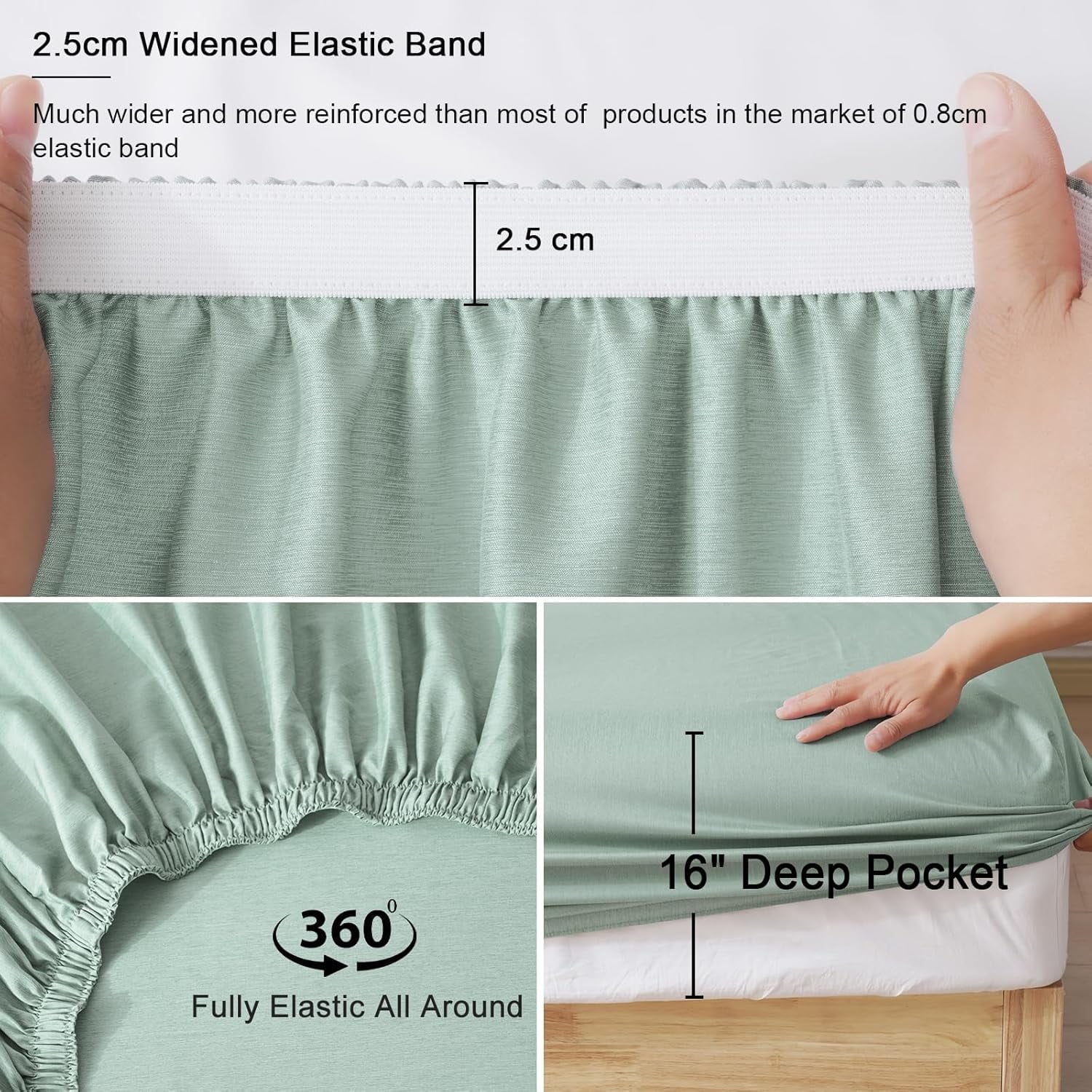 Wrinkle-Resistant Bamboo Bed Sheet Sets, 4 Pieces King Silky Soft Bedding Sheets, 1800 Thread Count 16 Inch Deep Pockets, Sage Green - Premium Ultra-Soft Pillowcase Pair for Sleeping Detail