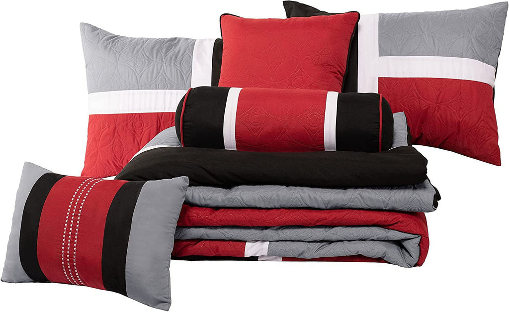 All-Season 7-Piece Medallion Patchwork Comforter Set, Full, Red/Gray/Black - All-Season Down Alternative Comforter Insert Detail