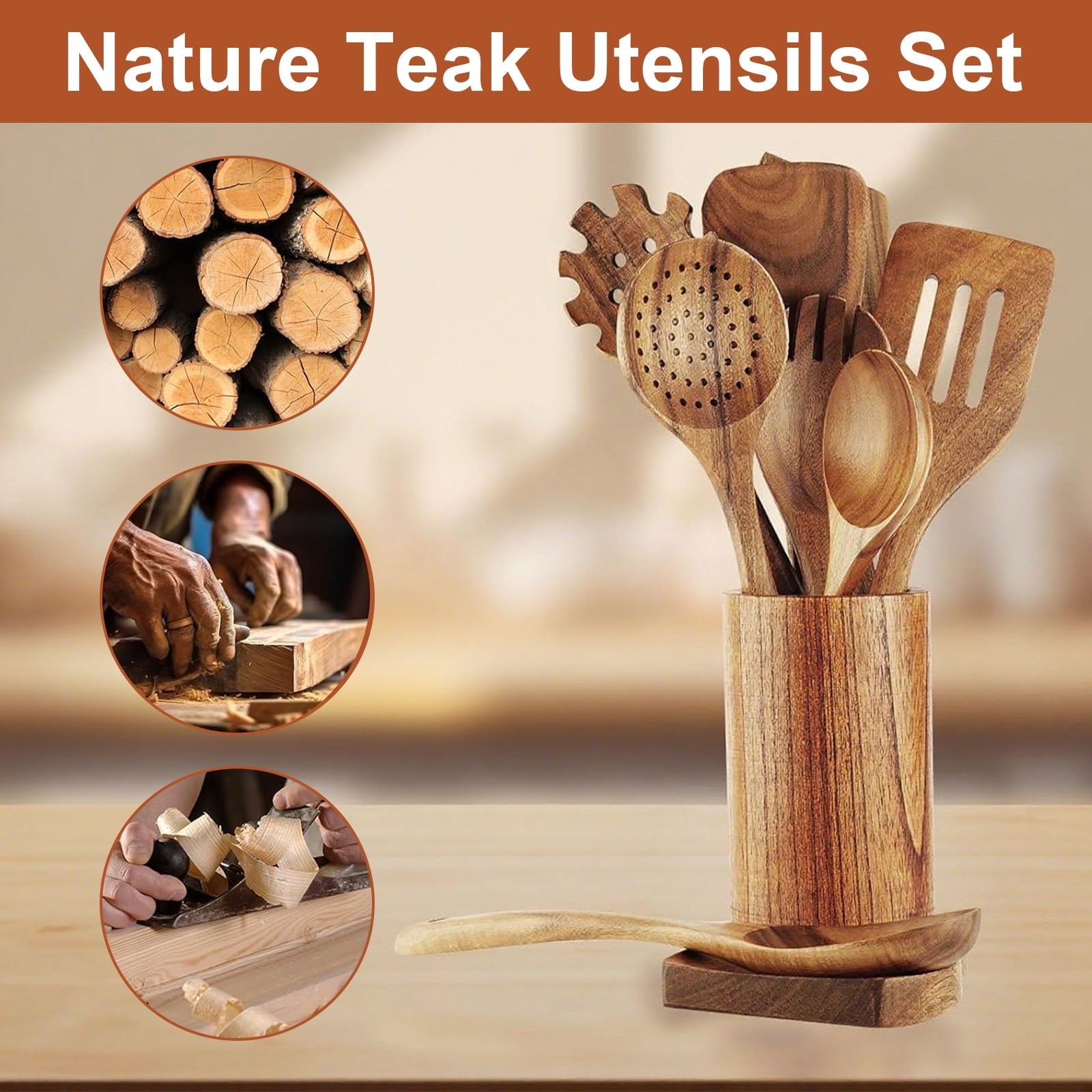 Seamless One-Piece 10Pcs Wooden Spoons for Cooking, Smooth Finish Teak Wooden Utensils for Cooking, Soft Comfort-Grip Wood Spoons for Co... - Ergonomic Kitchen Tongs and Cooking Spoon Utensil Detail