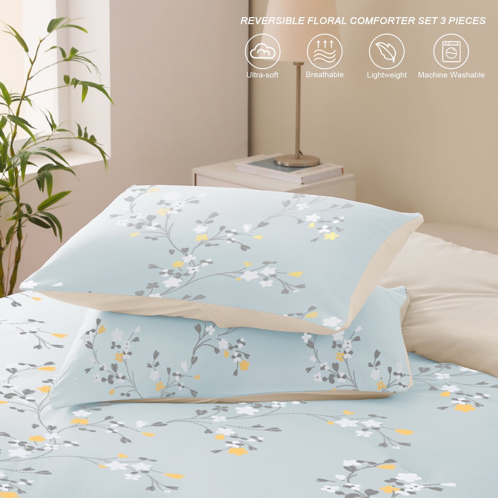 Fluffy Down Alternative 3-Piece Floral King Size Comforter Set, Microfiber Bedding Down Alternative Comforter for All Seasons with 2 Pillow S... - Hypoallergenic Ultra-Fluffy Quilt for Winter Detail