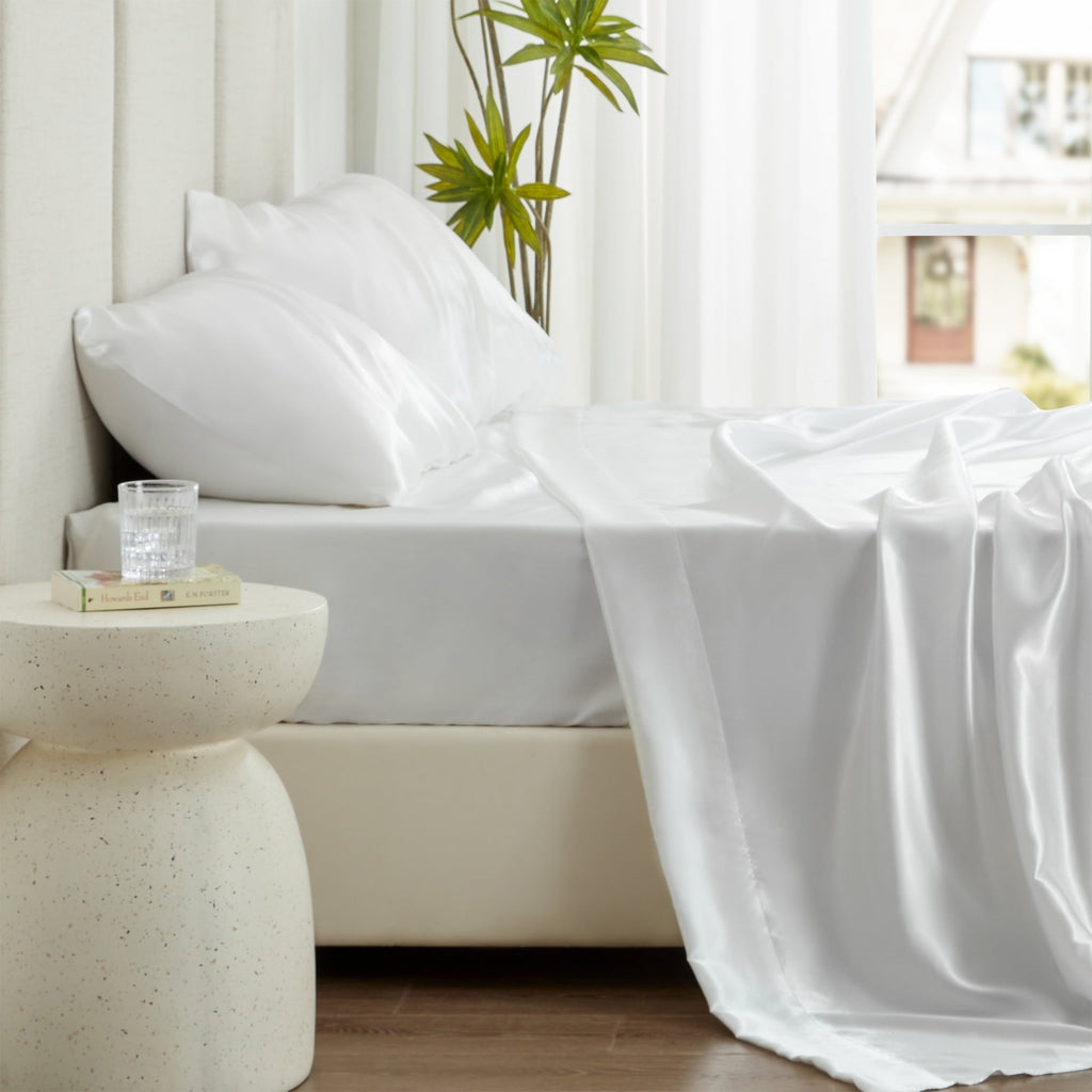 Cooling Sateen Satin Sheets Full Sheet Set Deep Pocket Luxury Silky Bed Sheets for Hair and Skin 4 Pieces, White - Breathable Egyptian Cotton Flat & Fitted Sheets Detail