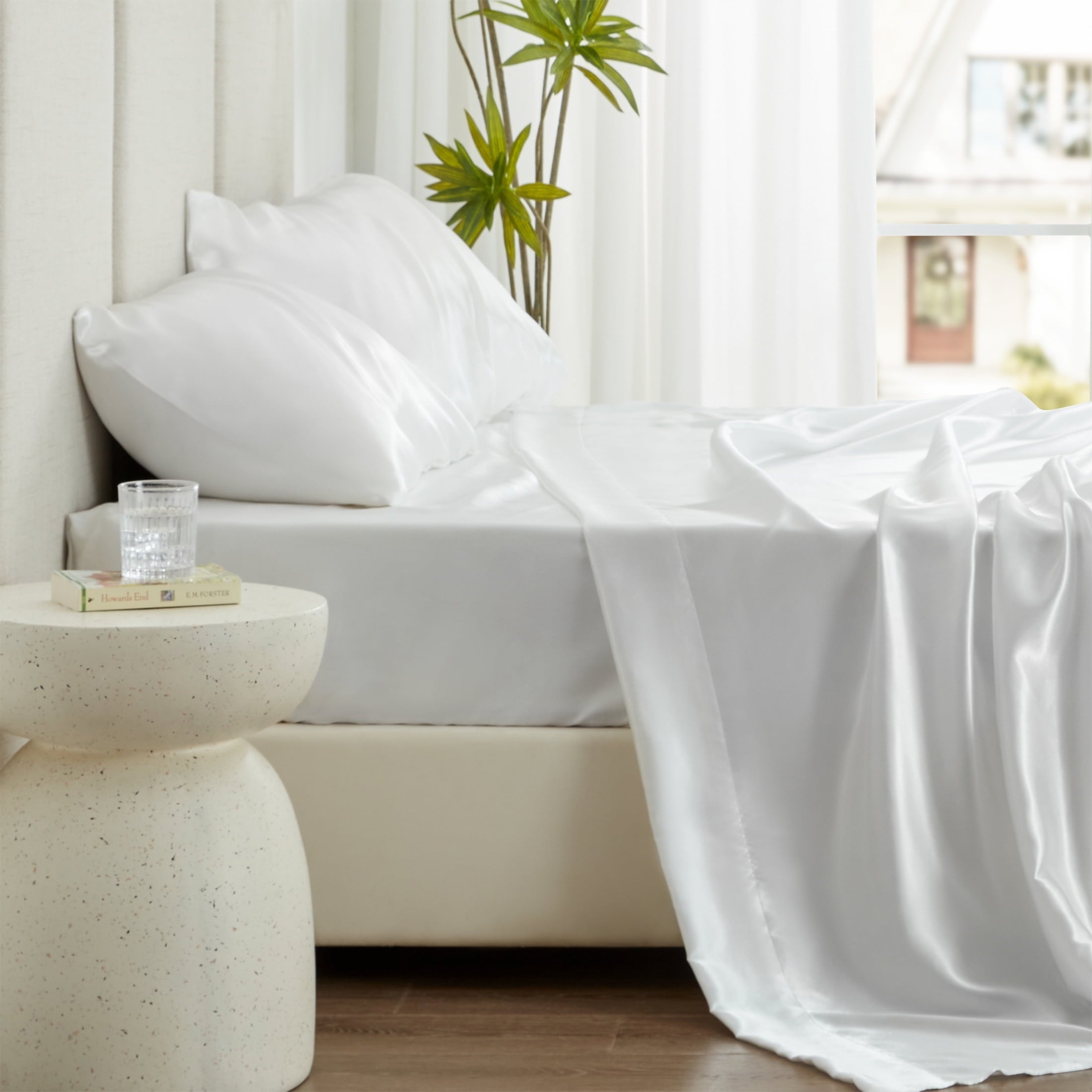 Cooling Sateen Satin Sheets Full Sheet Set Deep Pocket Luxury Silky Bed Sheets for Hair and Skin 4 Pieces, White - Breathable Egyptian Cotton Flat & Fitted Sheets Detail