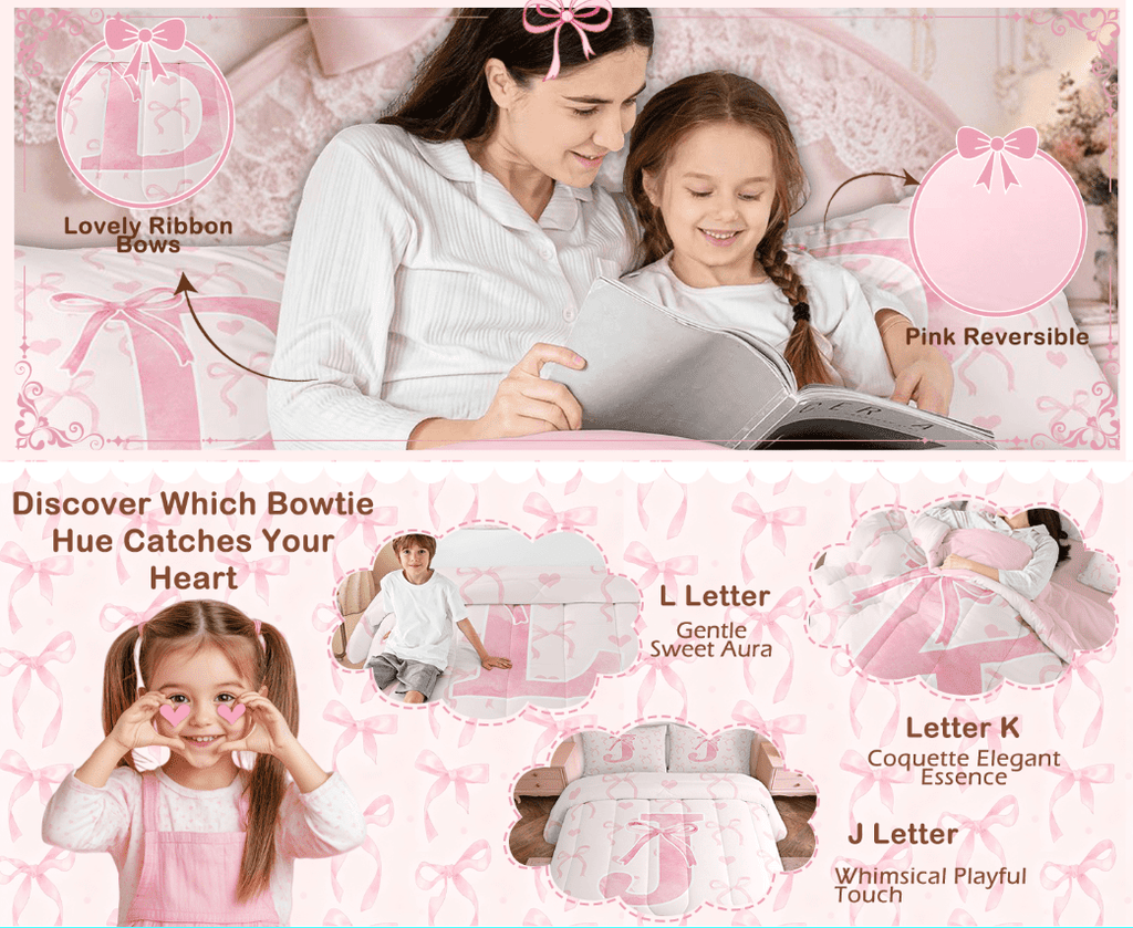 All-Season Kawaii Bowknot Bedding Sets Full with Comforter, Initial H Duvet Insert, Romantic Initial A-Z Decor, Reversible - Luxurious Quilted Duvet Cover Set Detail