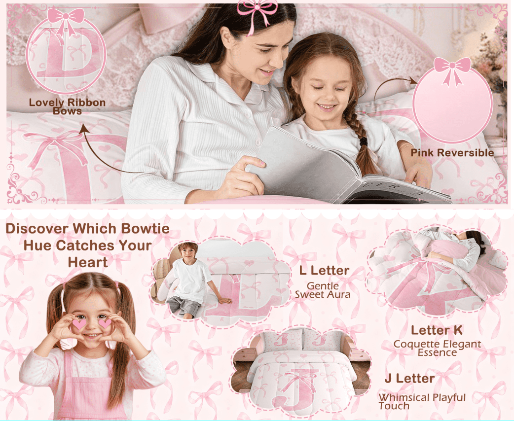 All-Season Kawaii Bowknot Bedding Sets Full with Comforter, Initial H Duvet Insert, Romantic Initial A-Z Decor, Reversible - Luxurious Quilted Duvet Cover Set Detail