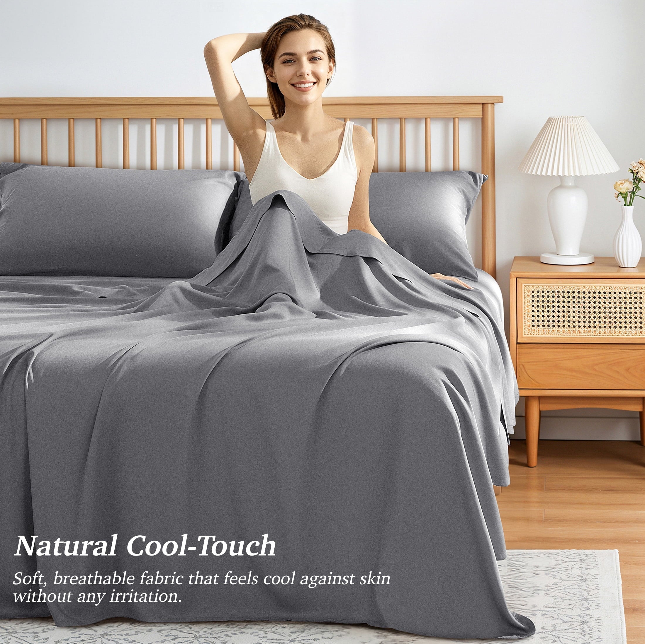 Breathable Luxury Bamboo Queen Sheet Set, Luxury Soft 4 Pieces Bed Sheets with 18" Deep Pocket, Gray - Cooling Hotel Quality Bedding Sheets and Pillowcases Detail