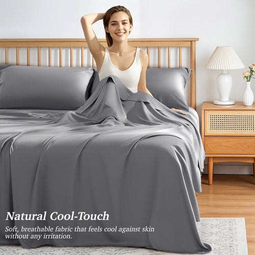 Breathable Luxury Bamboo Queen Sheet Set, Luxury Soft 4 Pieces Bed Sheets with 18" Deep Pocket, Gray - Cooling Hotel Quality Bedding Sheets and Pillowcases Detail