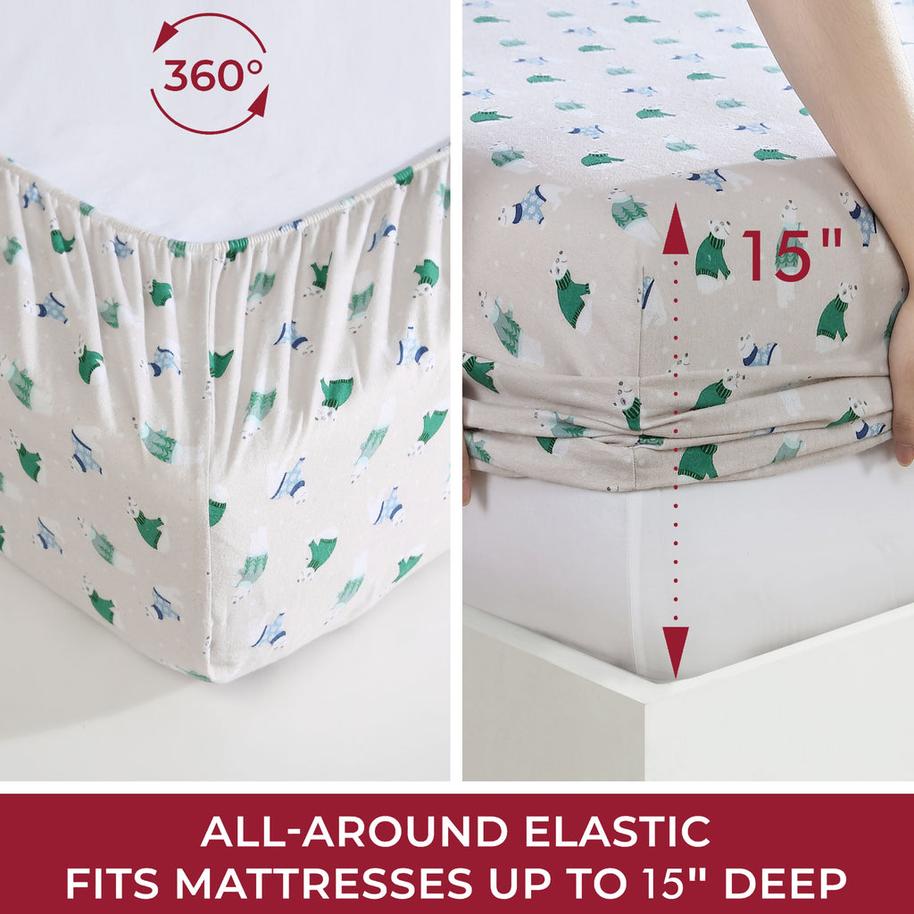 Cooling Sateen Winter Nights Cotton Flannel Sheet Set, King, Holiday Bears - Premium Ultra-Soft Pillowcase Pair for Sleeping Detail
