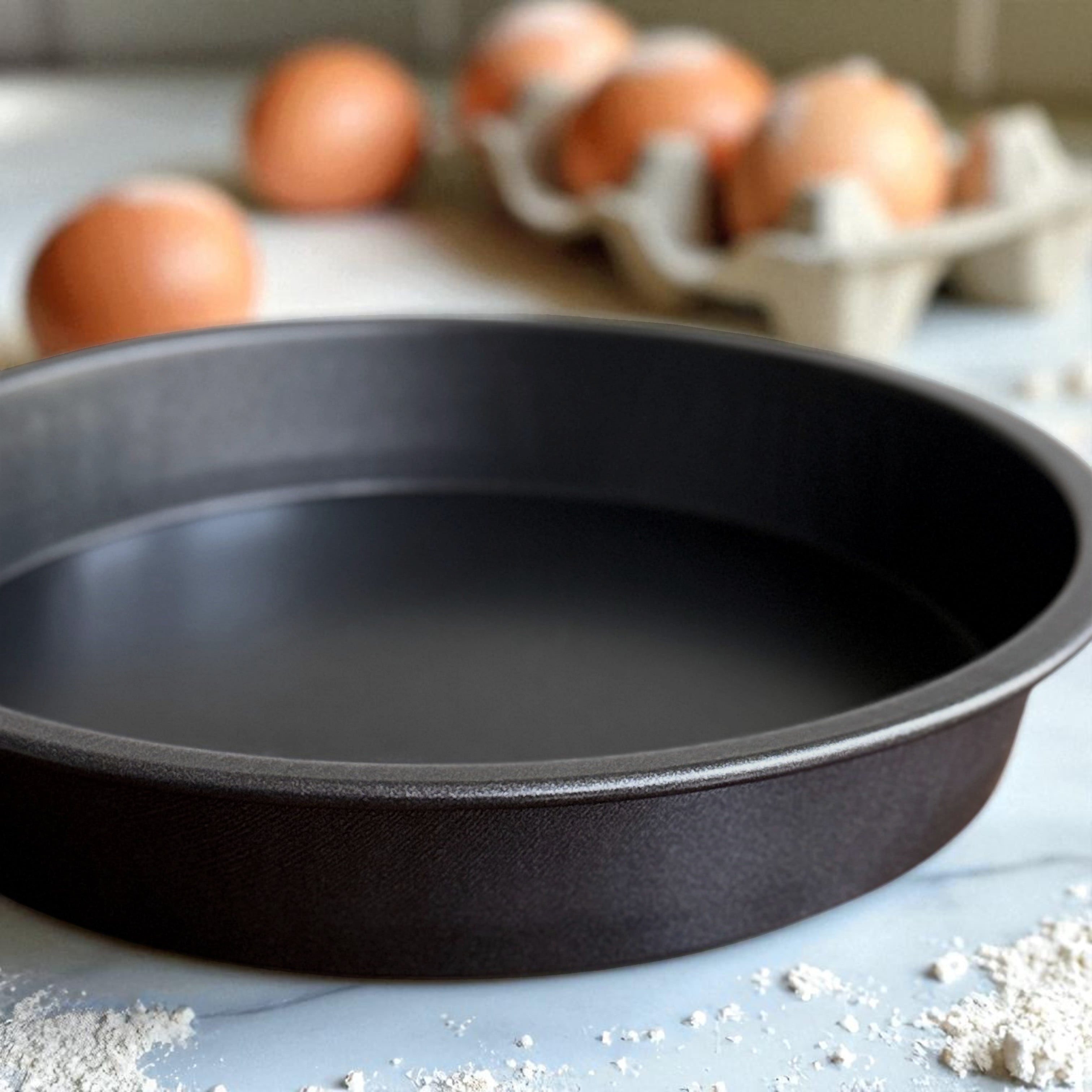 Ergonomic Manual 9" x 9" Round Nonstick Steel Cake Pan, Dark Gray - Innovative Kitchen Helper for Modern Cooking Detail