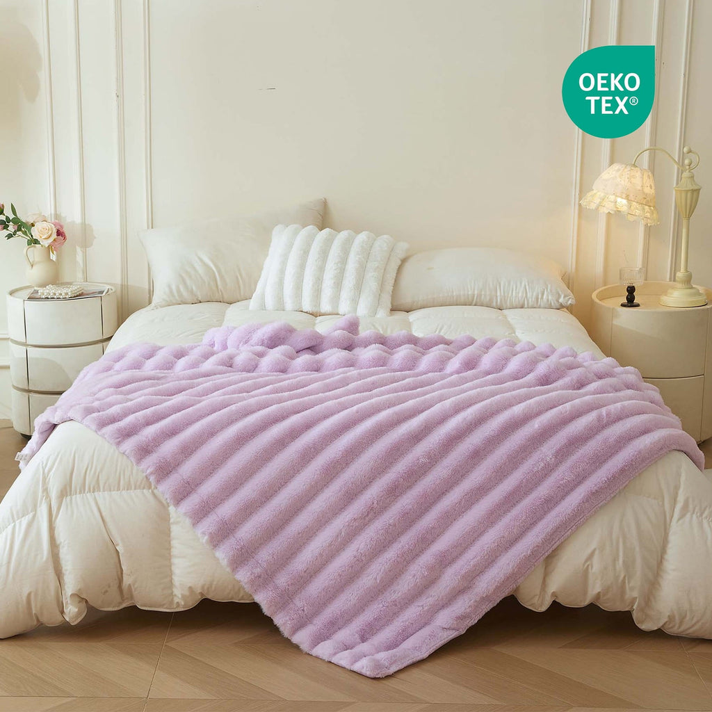 Cozy Fleece Fluffy Faux Rabbit Fur Throw, Cozy Wide Stripe Plush Fuzzy Blanket for Bed Couch Sofa Chair, Light Purple Shaggy Thro... - Cozy Fleece Throw Blanket for Couch & Bed Detail