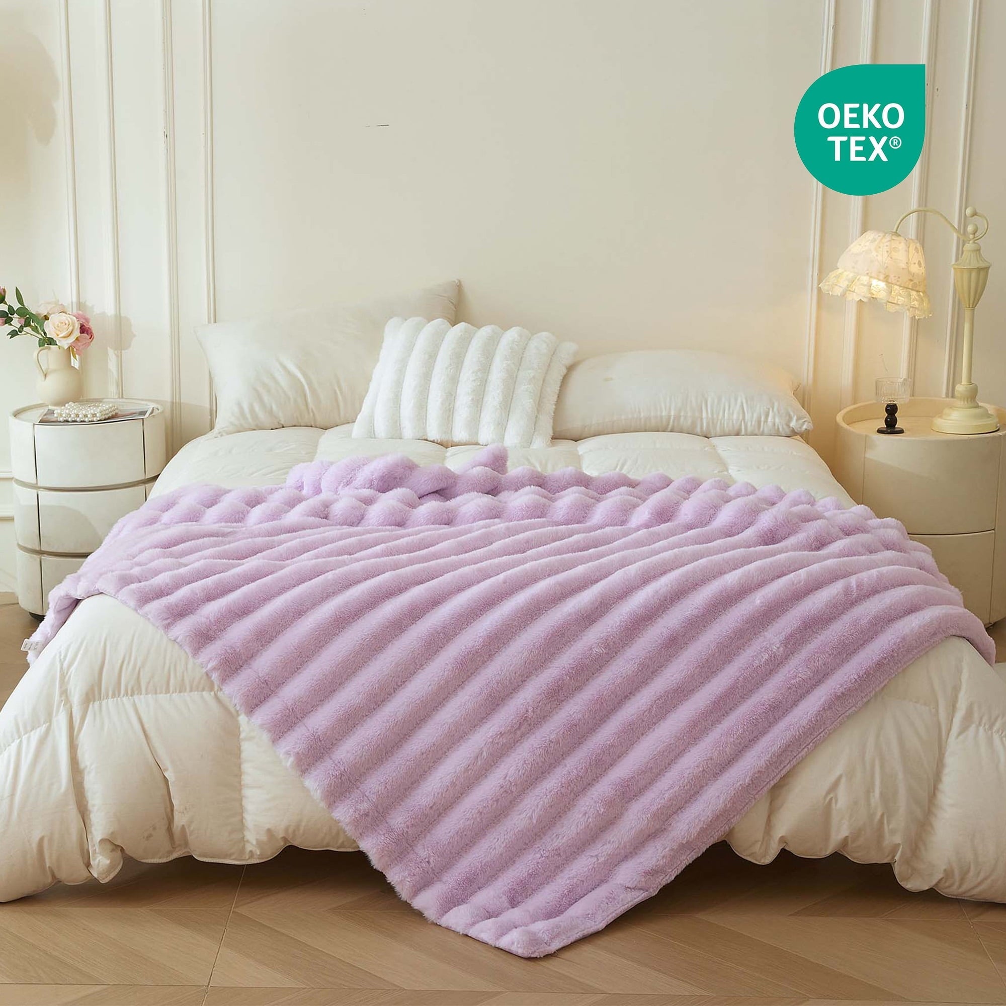 Cozy Fleece Fluffy Faux Rabbit Fur Throw, Cozy Wide Stripe Plush Fuzzy Blanket for Bed Couch Sofa Chair, Light Purple Shaggy Thro... - Cozy Fleece Throw Blanket for Couch & Bed Detail