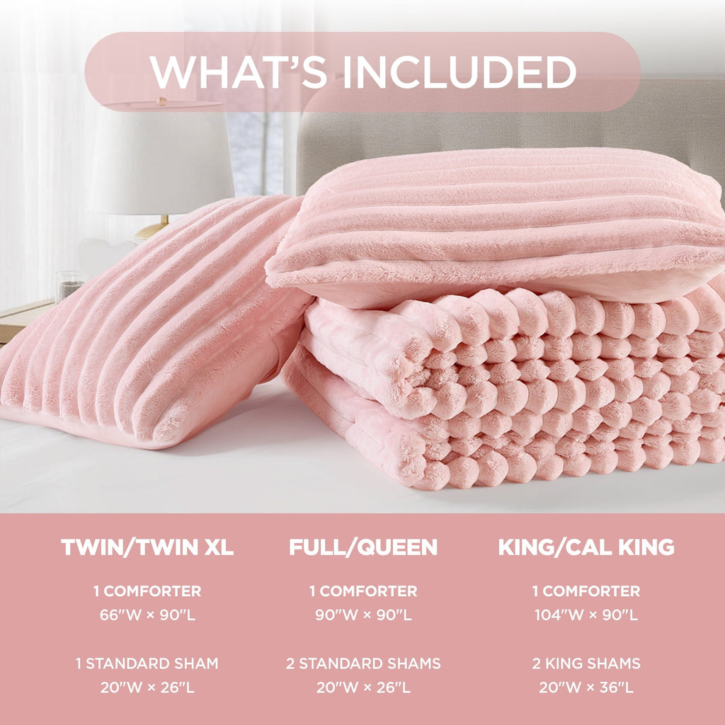 Hypoallergenic Cloud Full/Queen Size Comforter Set, Fluffy Ribbed Plush Comforter Set, 3-Piece Bedding Set, Pink - Cloud-Like Soft Lightweight Bed Comforter Detail