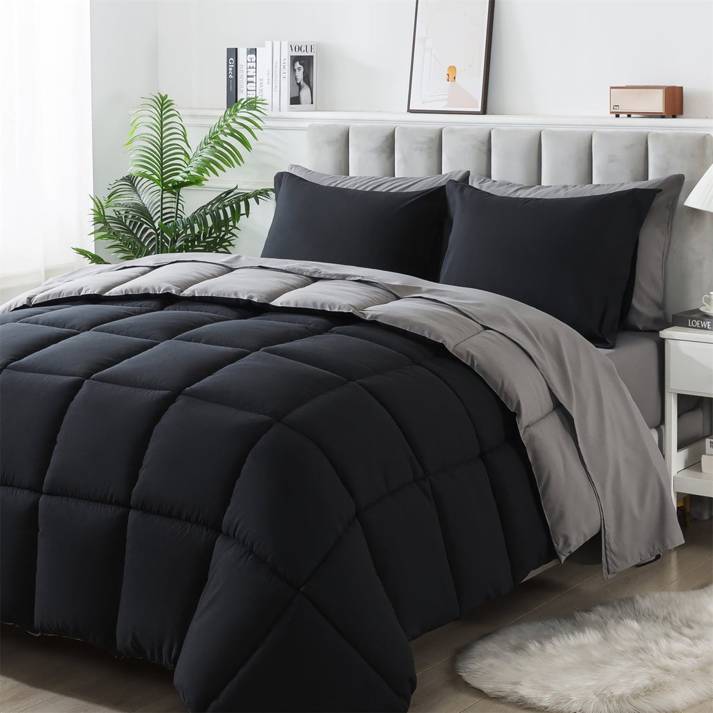 All-Season Queen Size 7 Piece Comforter Set | Bed in a Bag for Unisex Adult | Black/Gray - Cloud-Like Soft Lightweight Bed Comforter Detail