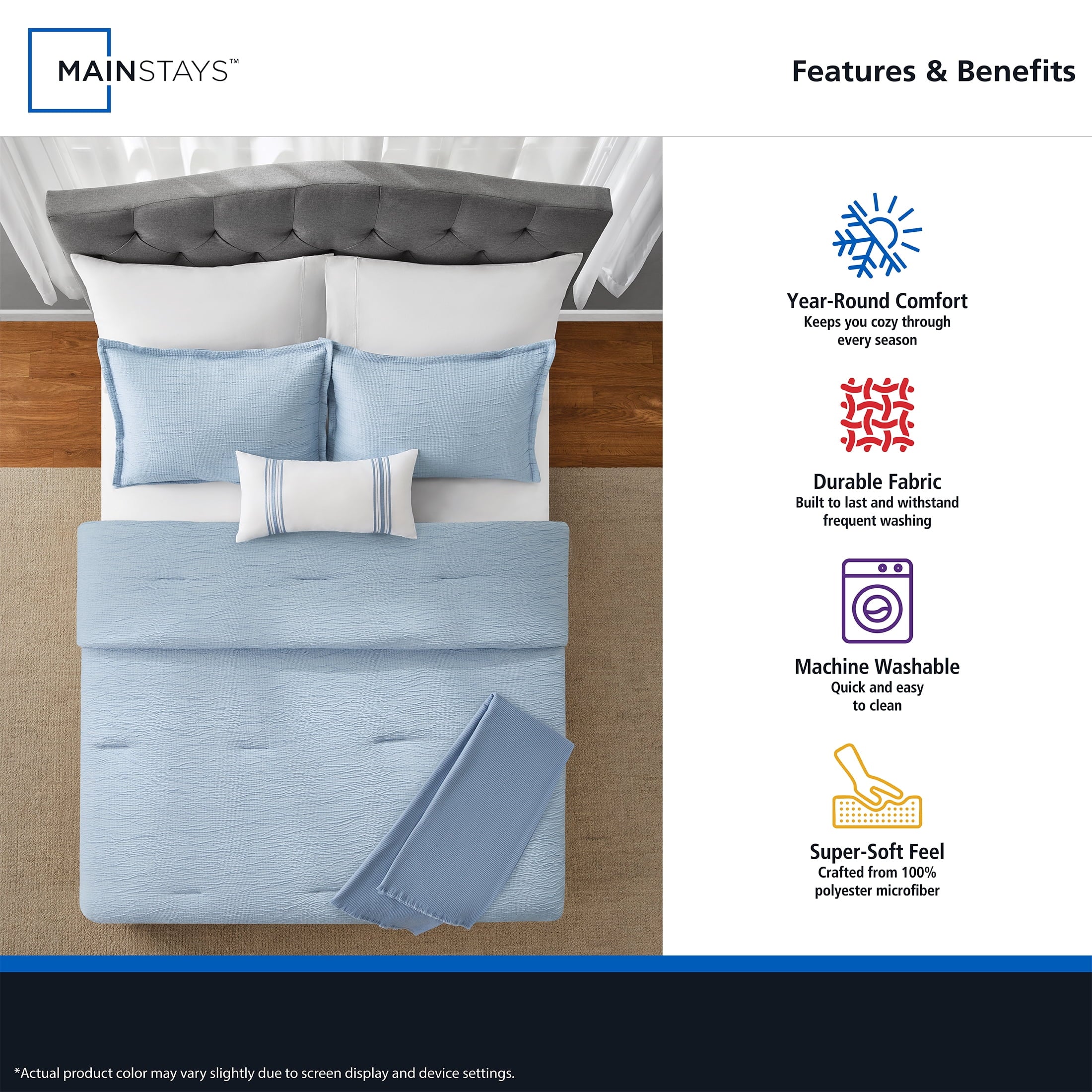 Hypoallergenic Cloud Full/Queen Comforter Set, All-Season, 5-Piece, Blue Matelasse Tonal Stripe - All-Season Down Alternative Comforter Insert Detail