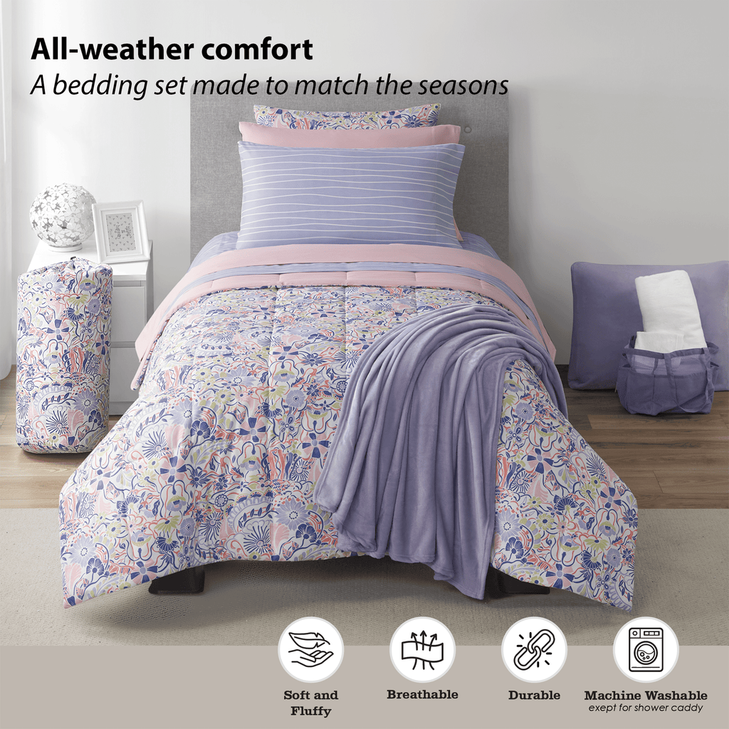 Hypoallergenic Cloud 14pc College Dorm Essentials Bundle, Twin-XL, Reversible Bed in a Bag Comforter Set, Purple Floral - All-Season Down Alternative Comforter Insert Detail