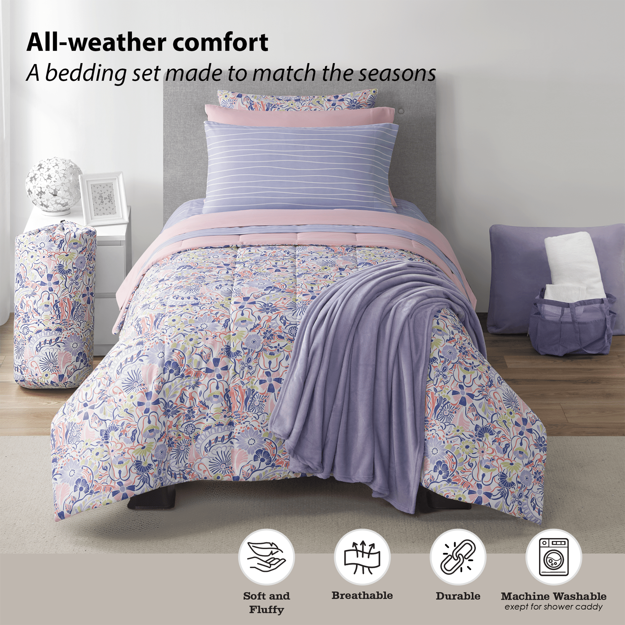 Hypoallergenic Cloud 14pc College Dorm Essentials Bundle, Twin-XL, Reversible Bed in a Bag Comforter Set, Purple Floral - All-Season Down Alternative Comforter Insert Detail