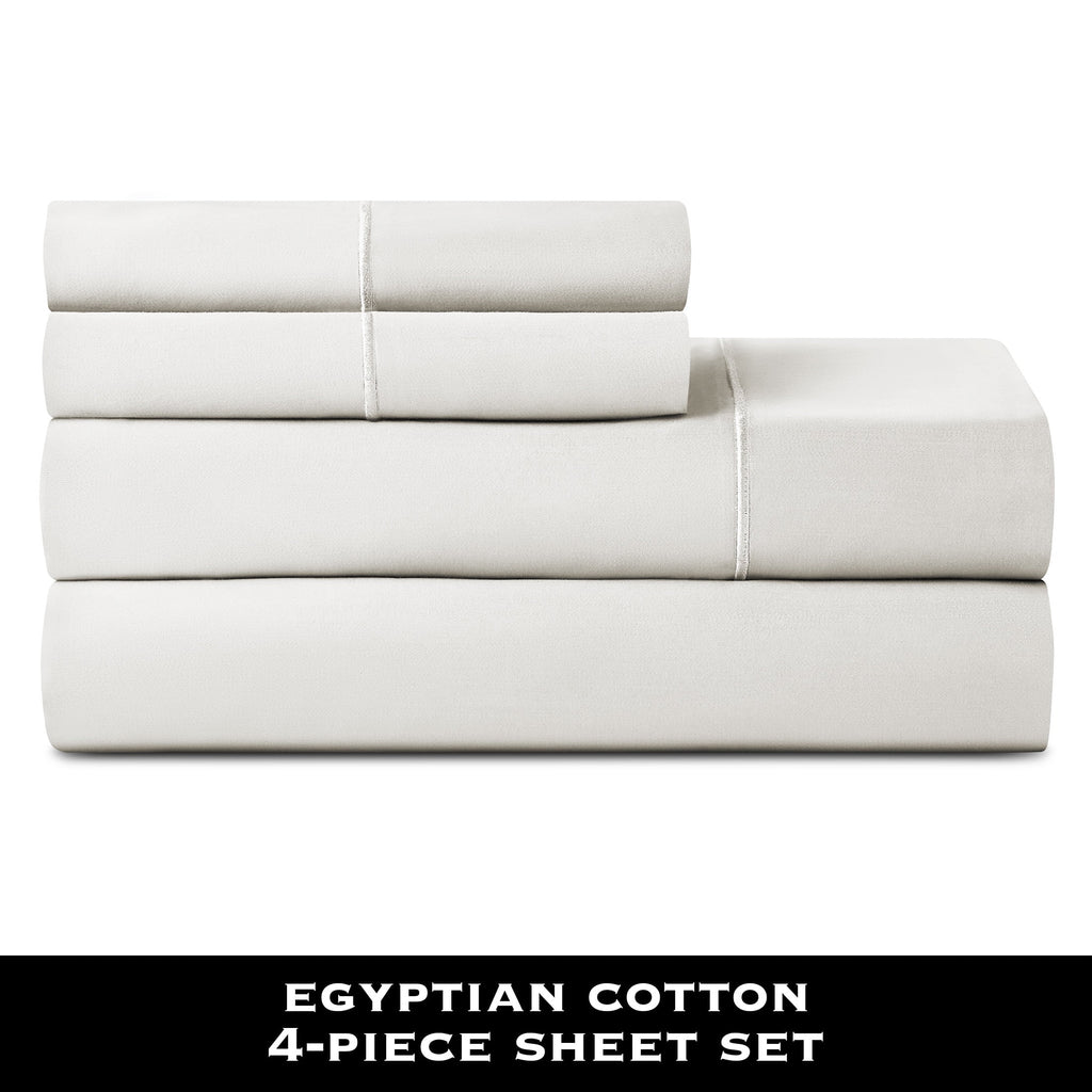 Premium Egyptian Cotton 4-Piece 600 Thread Count White Egyptian Cotton Adult Bed Sheet Set, King - Deep Pocket - Breathable Egyptian Cotton Flat & Fitted Sheets Detail