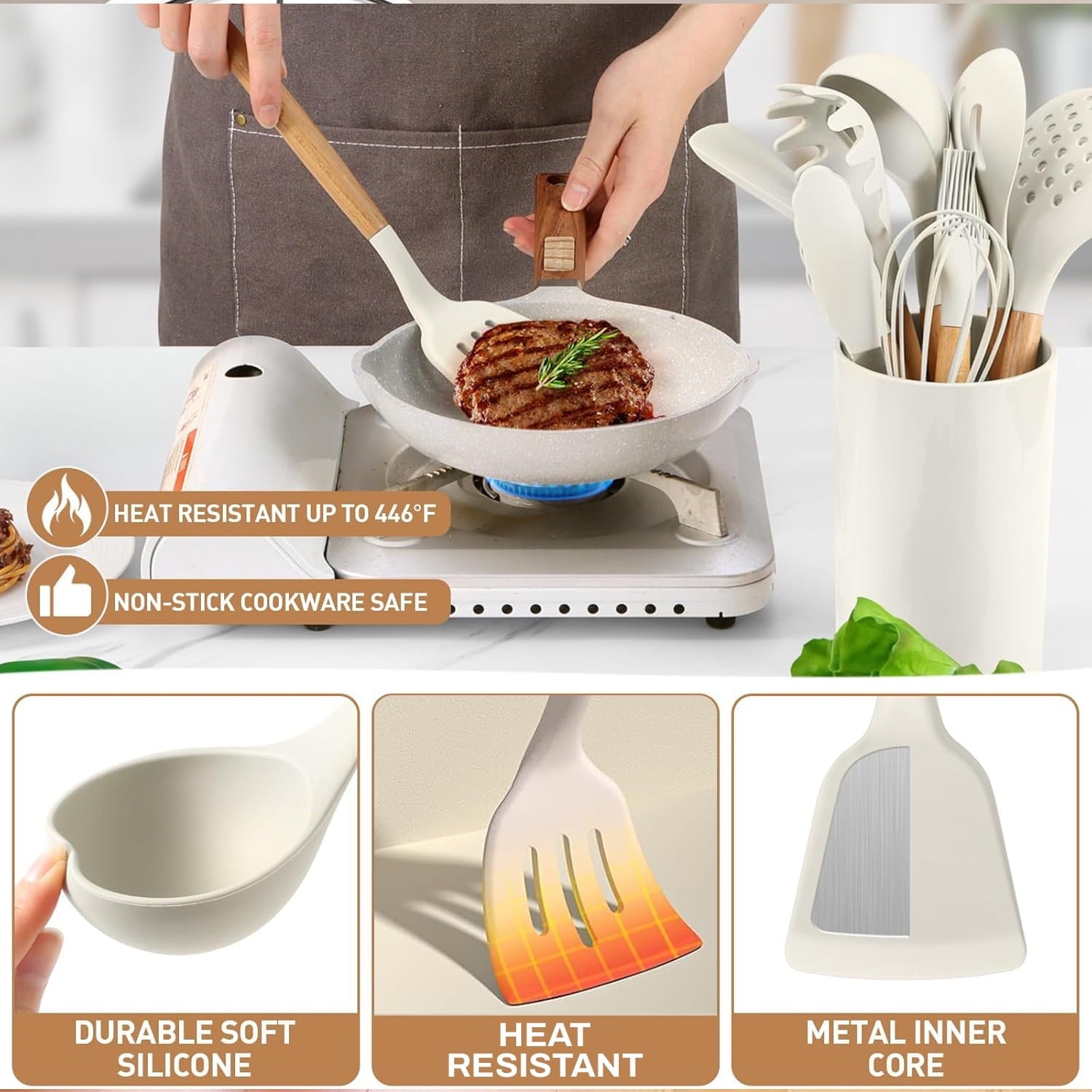 Seamless One-Piece Cooking Utensils Set, 12 packs Non-Stick Silicone Cooking Kitchen Utensils Spatula Set with Wooden Handles and... - Premium Stainless Steel Cooking Utensil for Non-Stick Pots Detail