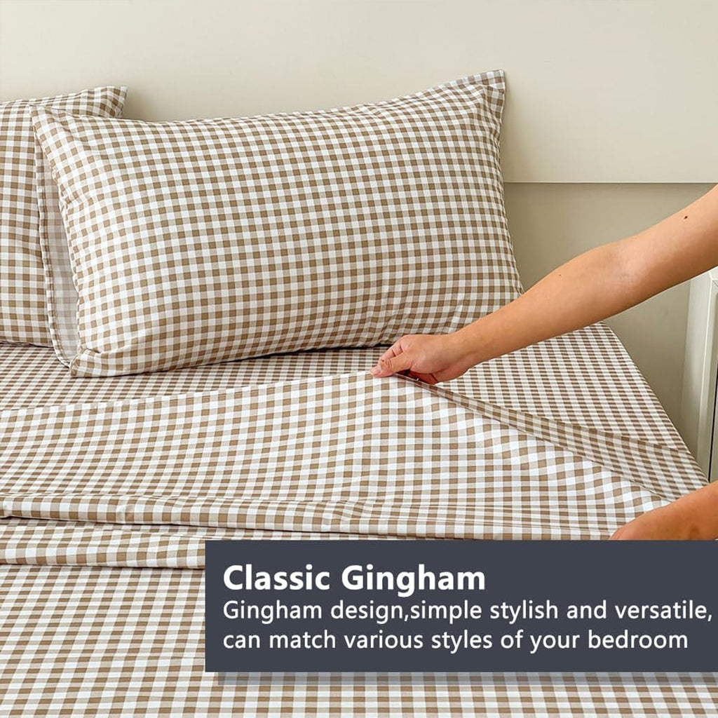 Premium Egyptian Cotton Sheet Set, Soft Brushed Microfiber Taupe Plaid Sheets, 4-Piece Brown Grid Set with Deep Pocket - Cooling Hotel Quality Bedding Sheets and Pillowcases Detail