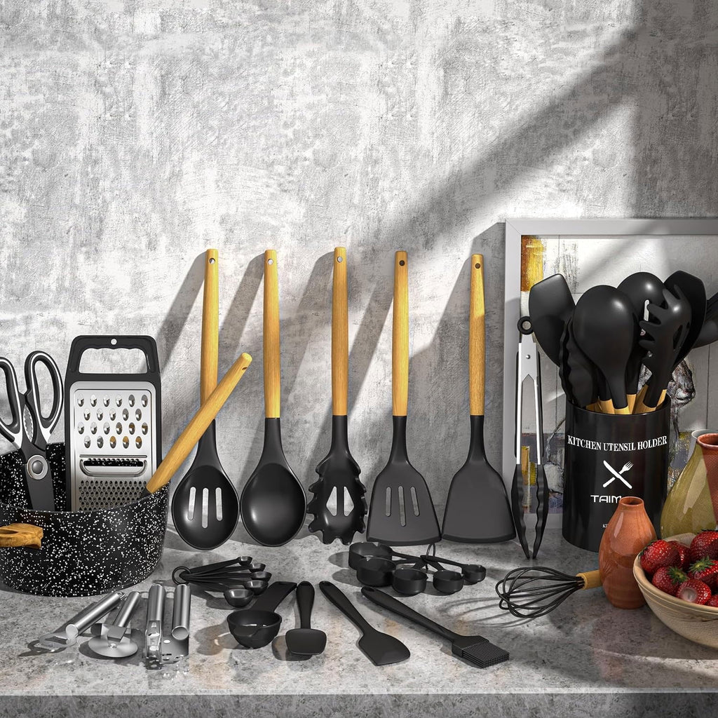 Heat-Resistant Kitchen Utensil Set, 34Pieces Silicone Cooking Utensil Set with Wooden Handle, Heat Resistant Spatula Set Gadg... - Heat-Resistant Silicone Cooking Spatula Turner Detail
