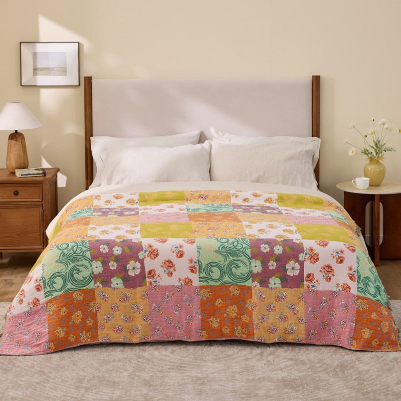 Cozy Fleece 100% Cotton Boho Blankets for Home Decor – Colorful Patchwork Reversible Farmhouse Quilt Bedding, Vintage Woven Decor... - Lightweight Plush Warm Blanket for All Seasons Detail