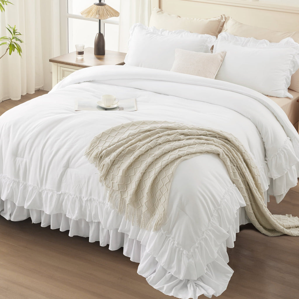 Luxurious Quilted Queen Comforter Set White - 3 Pieces Soft Fluffy Ruffle Bedding Comforter Sets for Queen Bed, All Season Farmhouse Li... - All-Season Down Alternative Comforter Insert Detail