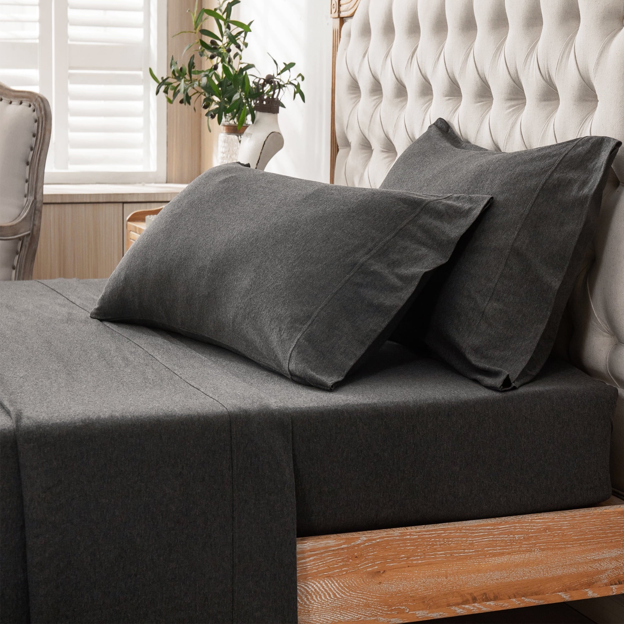 Ultra-Soft 100% Cotton Jersey Knit 4pc Bed Sheet Set Extra Deep Pocket up to 20" Charcoal Gray Queen - Cooling Hotel Quality Bedding Sheets and Pillowcases Detail