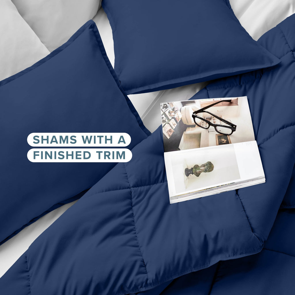 Hypoallergenic Cloud Down Alternative Comforter Set - 3-Pieces - All Seasons - Queen, Dark Blue - Luxurious Quilted Duvet Cover Set Detail