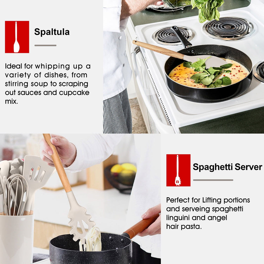 Durable Steel Kitchen Utensils Set of 6, Silicone Cooking Utensils with Wooden Handle, Non-Stick Cookware & Heat Resistant, Include... - Multi-Purpose Hand Tool for Daily Meal Prep Detail
