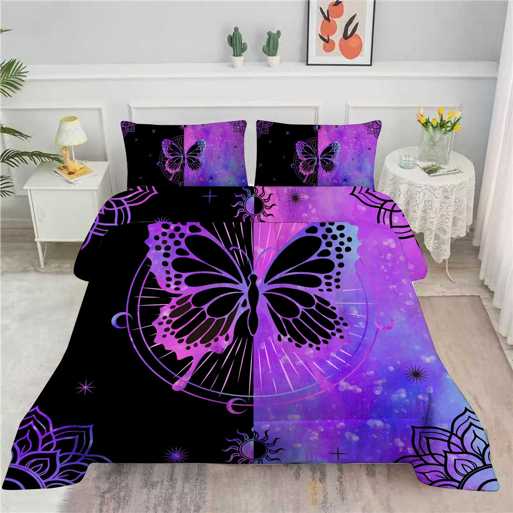 Luxurious Quilted Butterfly Comforter Set Full Size for Girls Kids Teens Black Blue Purple Tie Dye Bedding Set 3 Pieces - All-Season Down Alternative Comforter Insert Detail