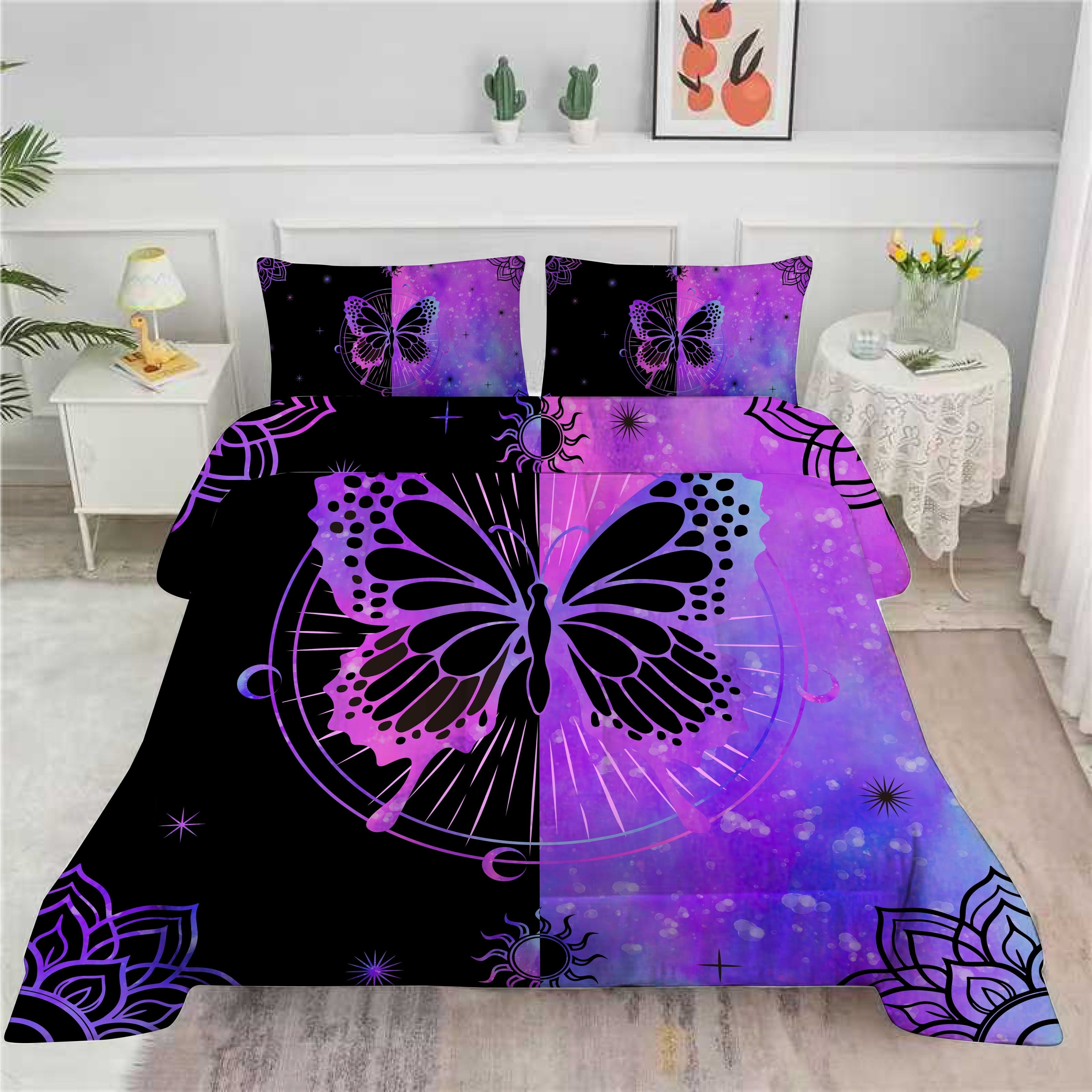 Luxurious Quilted Butterfly Comforter Set Full Size for Girls Kids Teens Black Blue Purple Tie Dye Bedding Set 3 Pieces - All-Season Down Alternative Comforter Insert Detail
