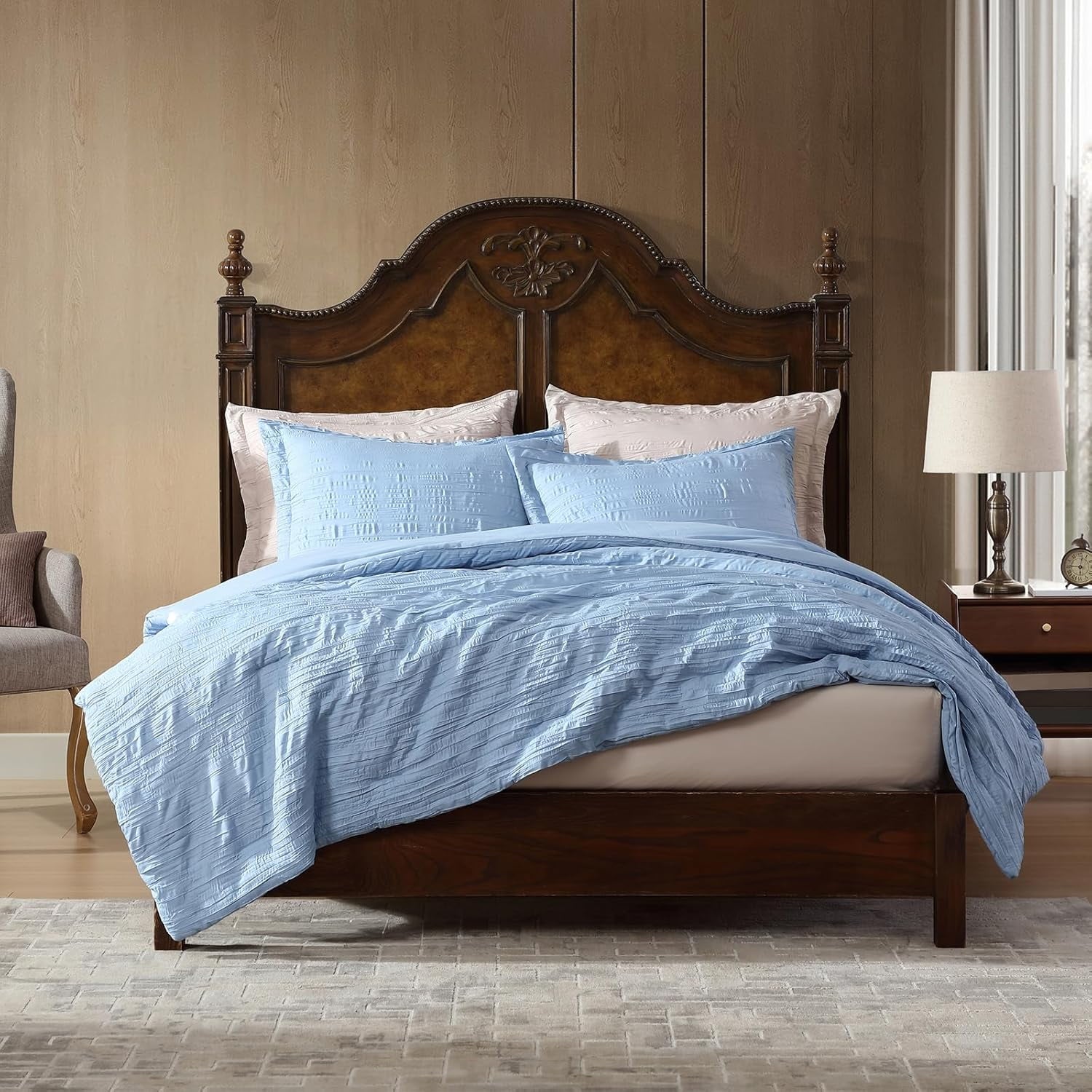 Heavyweight Warmth Queen Comforter Set Chambray Blue, 3 Pieces Comforter Set, All Season Lightweight Soft Embossed Bedding (86" x 88" Co... - All-Season Down Alternative Comforter Insert Detail