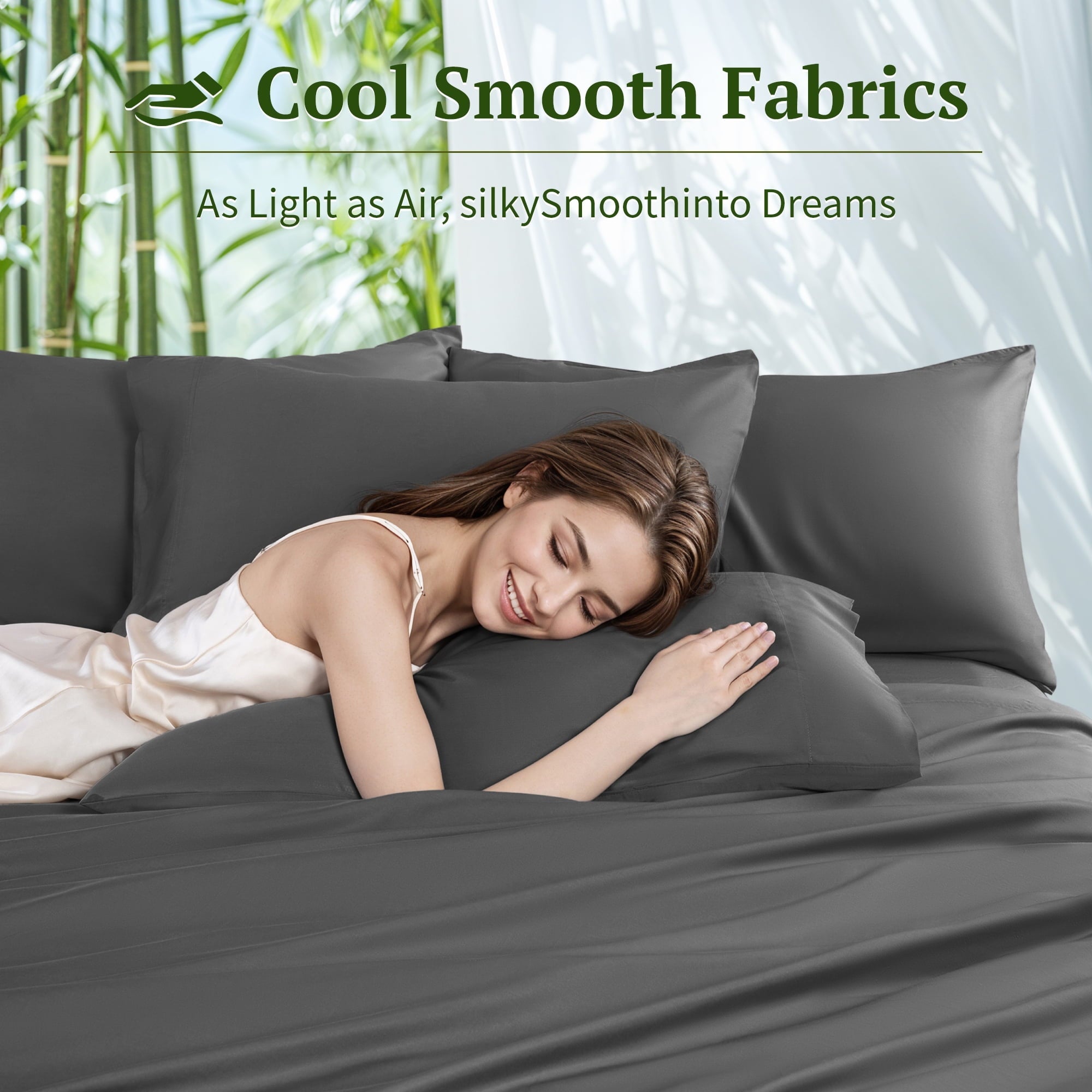Breathable Luxury 6 Pieces Bamboo Bed Sheets Set, Luxury Rayon Derived - Deep Pockets - Wrinkle Free - Extremely Soft, Queen, Dark Gray - Breathable Egyptian Cotton Flat & Fitted Sheets Detail