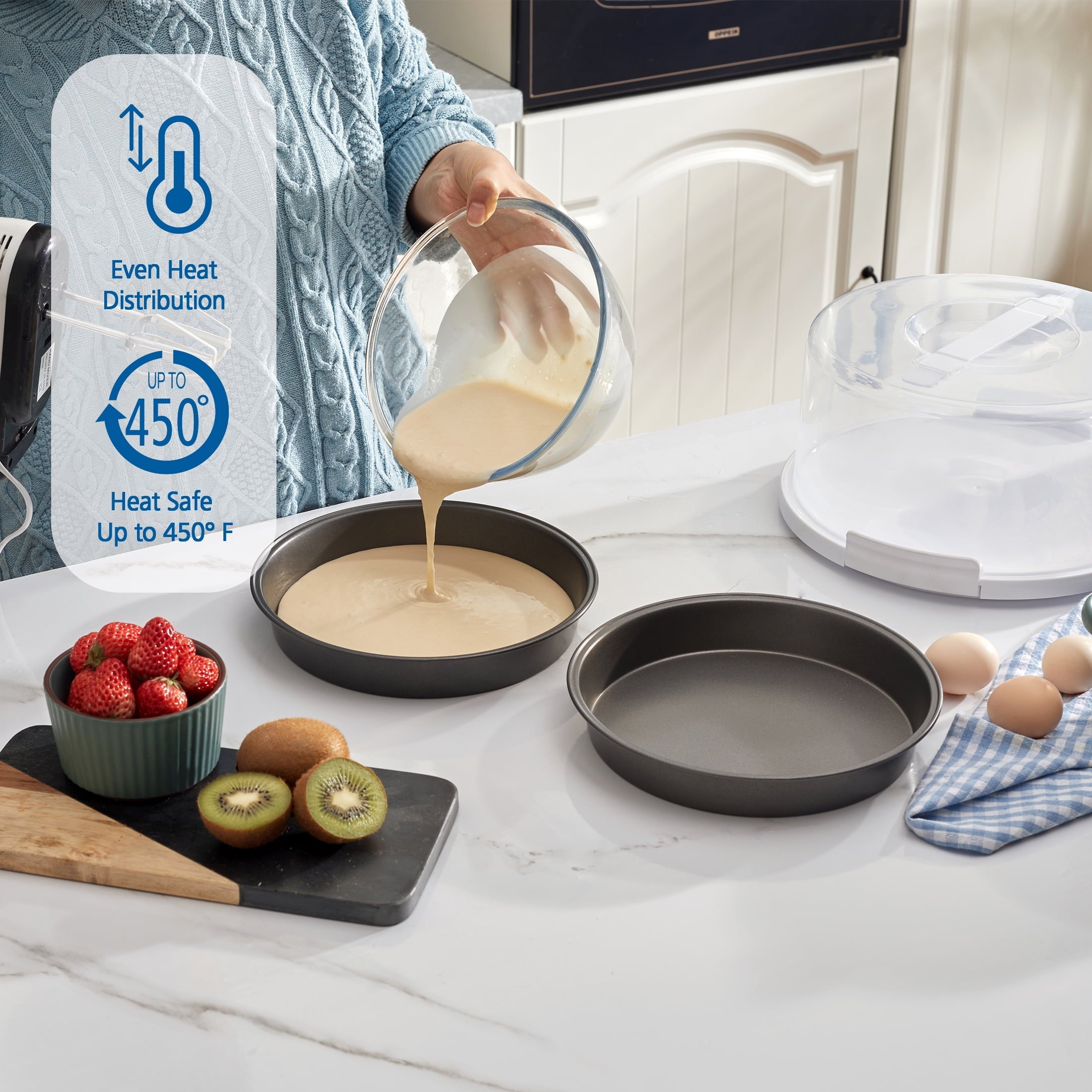 Ergonomic Manual 12 inch Clear Cake Carrier with 2pk 9 inch Gray Round Pans, Carbon Steel - Innovative Kitchen Helper for Modern Cooking Detail