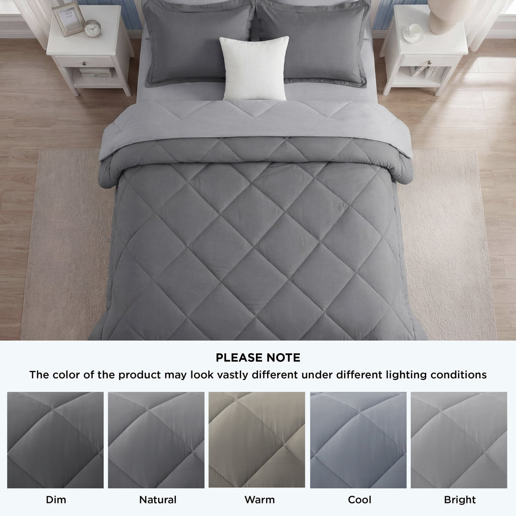 All-Season Queen Reversible Comforter Set - 7 Pieces Grey Bedding, Bed in a Bag with Alternative Comforter, Sheets, Pillowcases ... - Luxurious Quilted Duvet Cover Set Detail