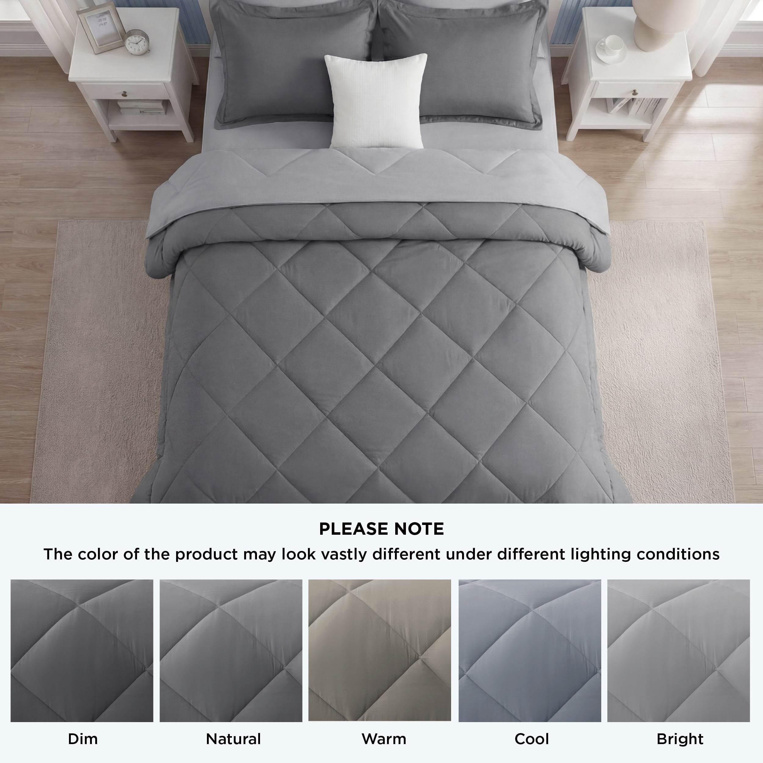 All-Season Queen Reversible Comforter Set - 7 Pieces Grey Bedding, Bed in a Bag with Alternative Comforter, Sheets, Pillowcases ... - Luxurious Quilted Duvet Cover Set Detail