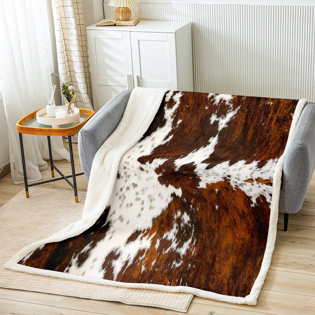 Super Soft Flannel Milk Cow Print Throw Blanket for Bed Chair,Black Brown Cowhide Fleece Blanket 50"x60",Farmhouse Rustic Animal Skin We... - Lightweight Plush Warm Blanket for All Seasons Detail