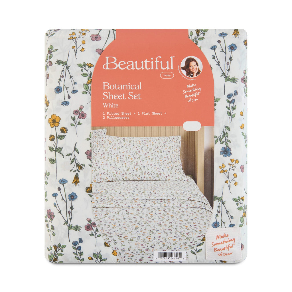 Cooling Sateen Botanical 4-Piece 100% Cotton Washed Percale White Sheet Set, Queen - Breathable Egyptian Cotton Flat & Fitted Sheets Detail