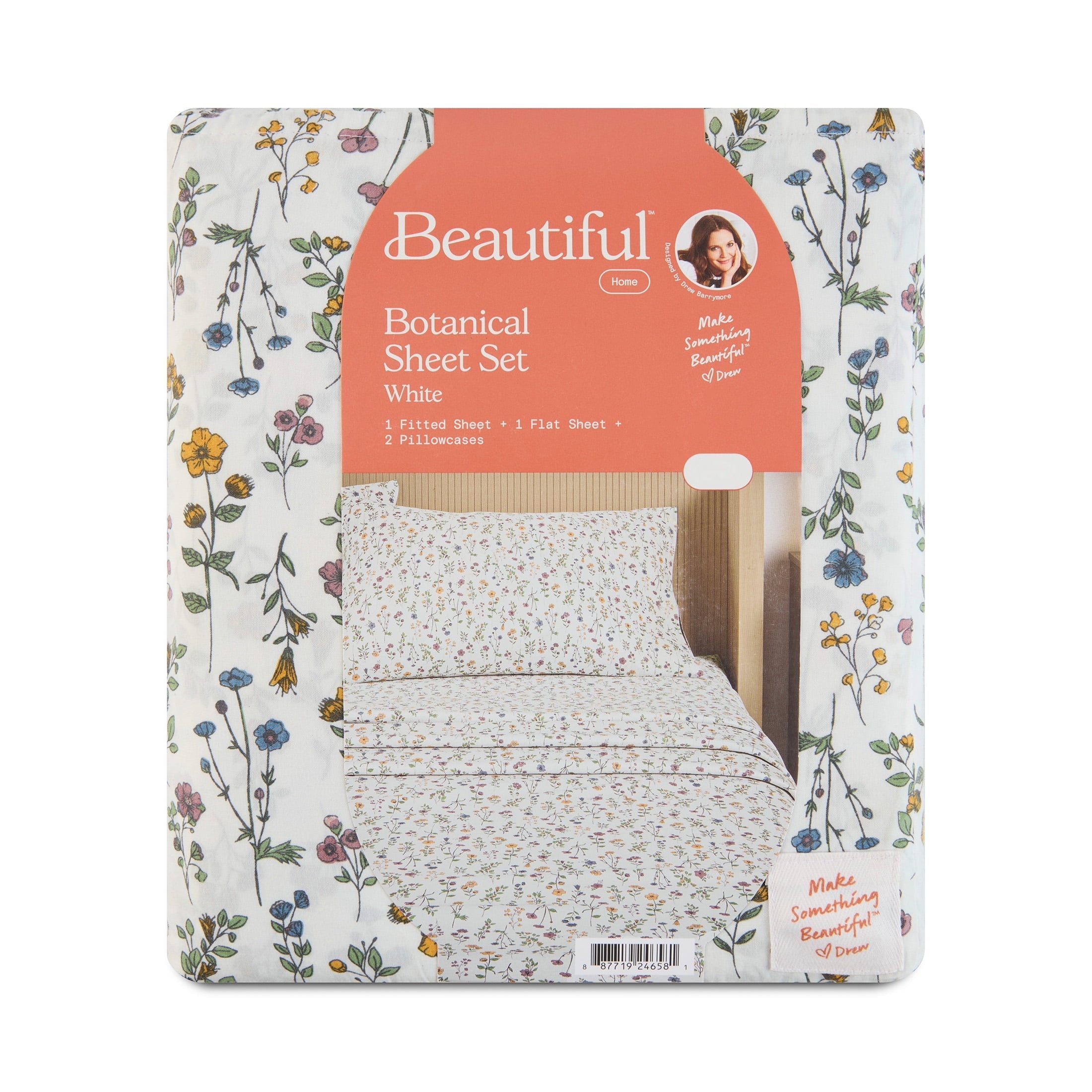 Cooling Sateen Botanical 4-Piece 100% Cotton Washed Percale White Sheet Set, Queen - Breathable Egyptian Cotton Flat & Fitted Sheets Detail
