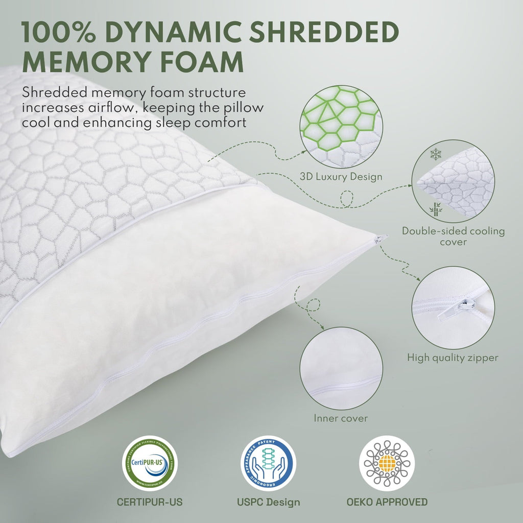 Fluffy Shredded Queen Size Bed Pillows 4-Pack,3.3lb Shredded Memory Foam Filled,Hyper Soft & 3D Breathable Cooling Desigh Cover Fitti... - Decorative Throw Pillow Cushion for Sofa & Bed Detail