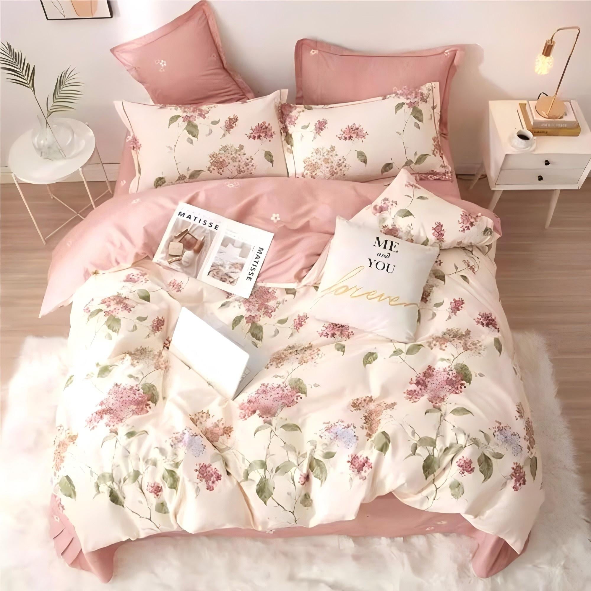 Fluffy Down Alternative White with Pink Flowers King Comforter Sets, 3 Pieces Chic Garden Style Reversible Bedding Sets for Adults All Season - Hypoallergenic Ultra-Fluffy Quilt for Winter Detail