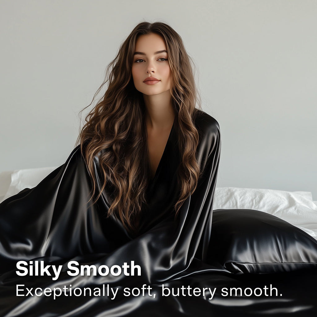 Breathable Luxury Queen Silk Black Bed Sheet Set,4 Pieces 1800 Microfiber 2 Pillowcase 20"x30" - Premium Ultra-Soft Pillowcase Pair for Sleeping Detail
