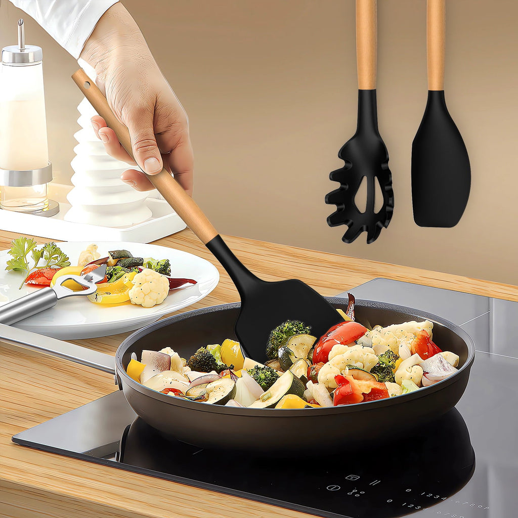 Seamless One-Piece Silicone Cooking Utensils Set - Silicone Kitchen Utensils for Cooking Wooden Handles, 446°F Heat Resistant Kitchen Ut... - Durable Turner & Ladle Utensil Set for Home Chefs Detail