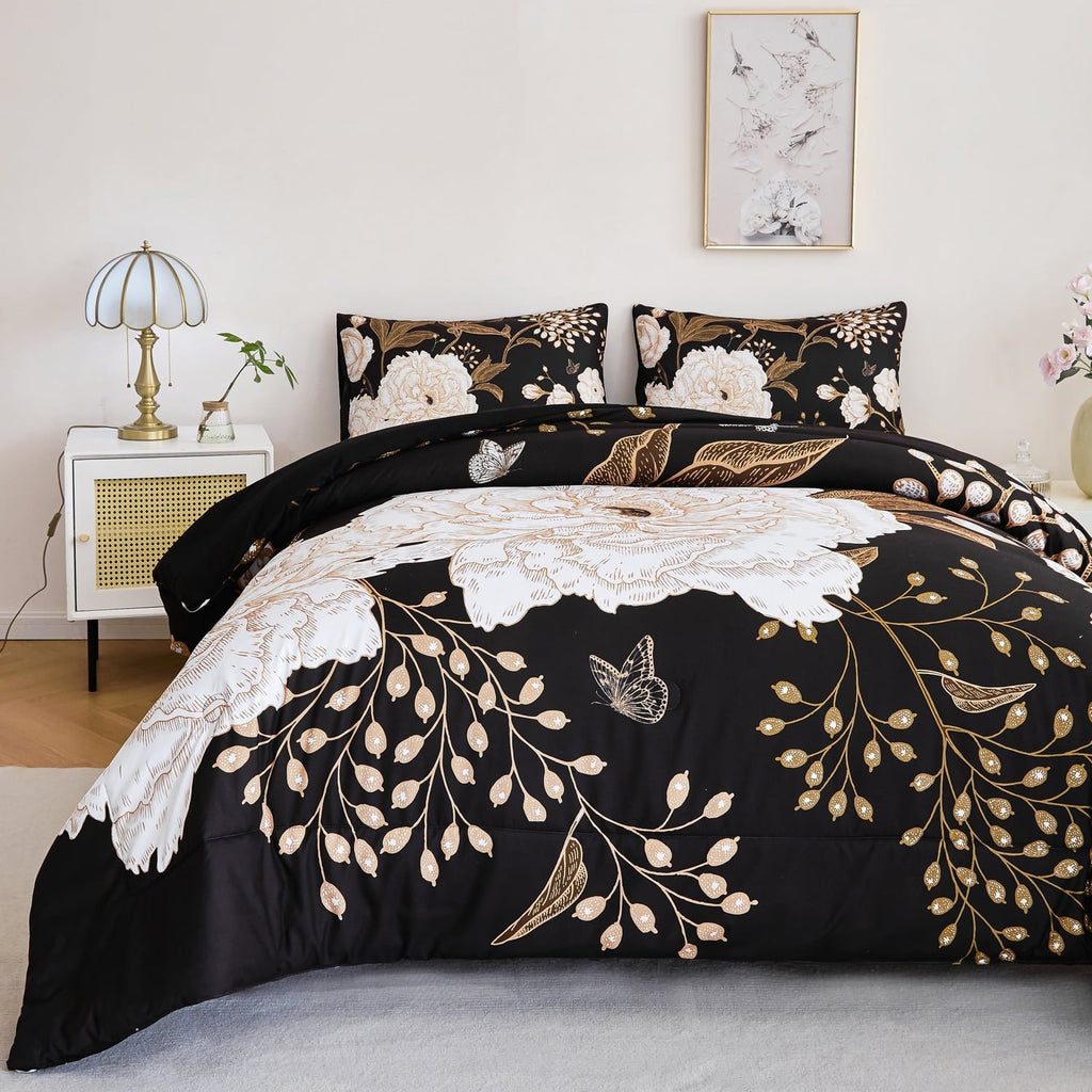 Luxurious Quilted Black Floral Comforter Set Queen, Printed Comforter White Flowers Butterfly Bedding Set, 3 Pieces Botanical Reversibl... - Hypoallergenic Ultra-Fluffy Quilt for Winter Detail