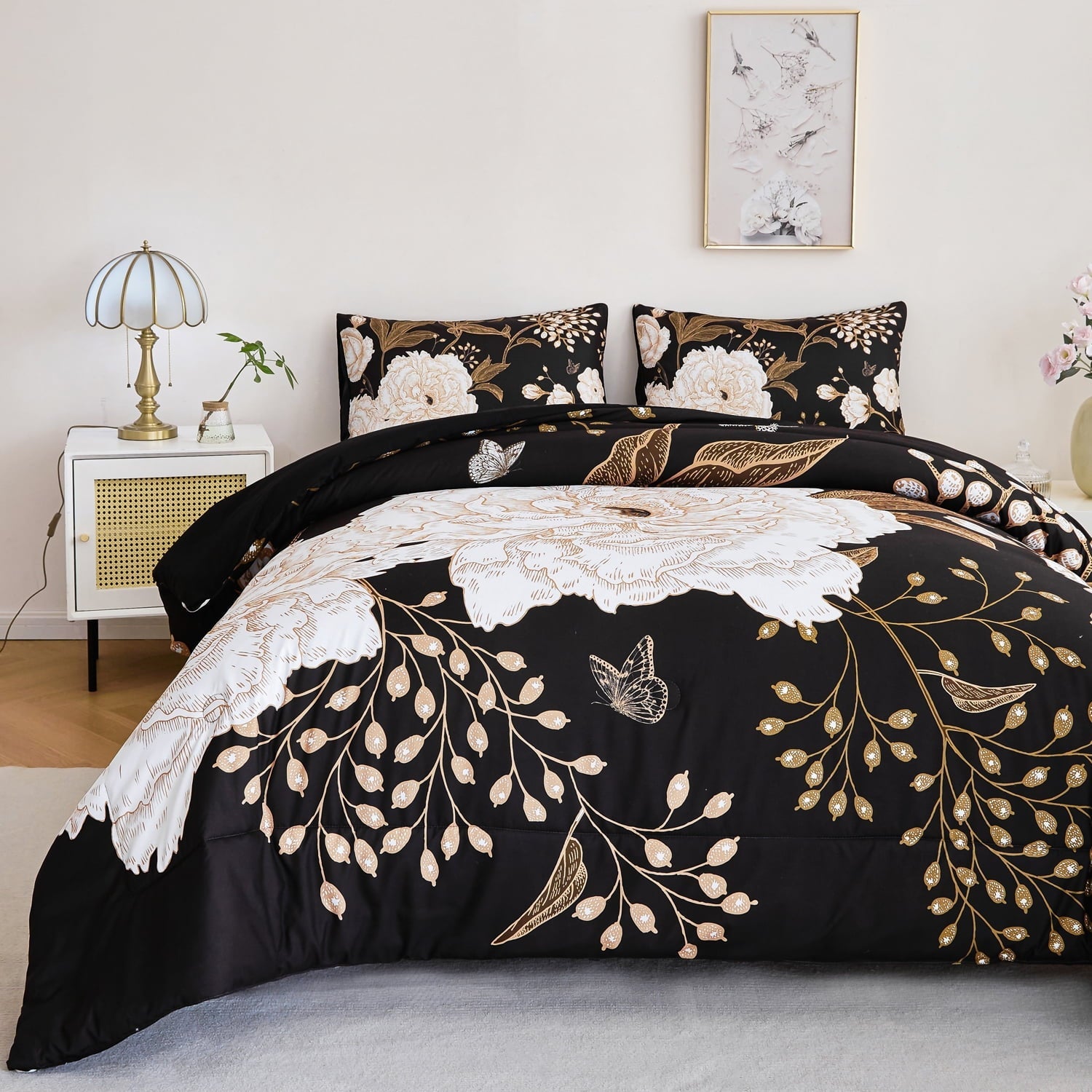 Luxurious Quilted Black Floral Comforter Set Queen, Printed Comforter White Flowers Butterfly Bedding Set, 3 Pieces Botanical Reversibl... - Hypoallergenic Ultra-Fluffy Quilt for Winter Detail