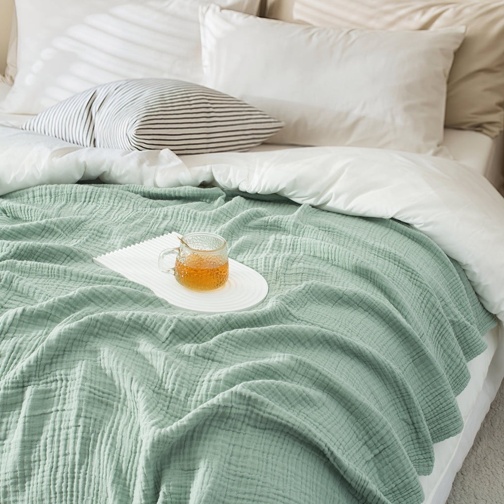 Lightweight Warm 100% Cotton Muslin Throw Blanket Gauze Blankets for Adults Soft Throws for Bed and Couch, 50" x 70" Sage Green - Super Soft Reversible Sherpa Flannel Blanket Detail