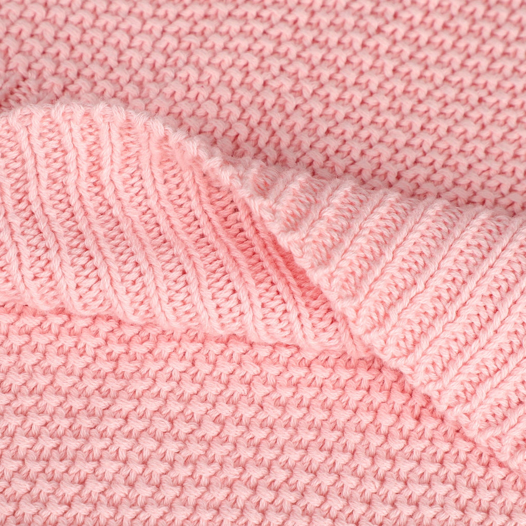 Super Soft Flannel Pure Cotton Soft Cable Knit Throw Blanket Pink 50" x 70" - Luxury Knitted Decorative Throw Blanket with Fringes Detail
