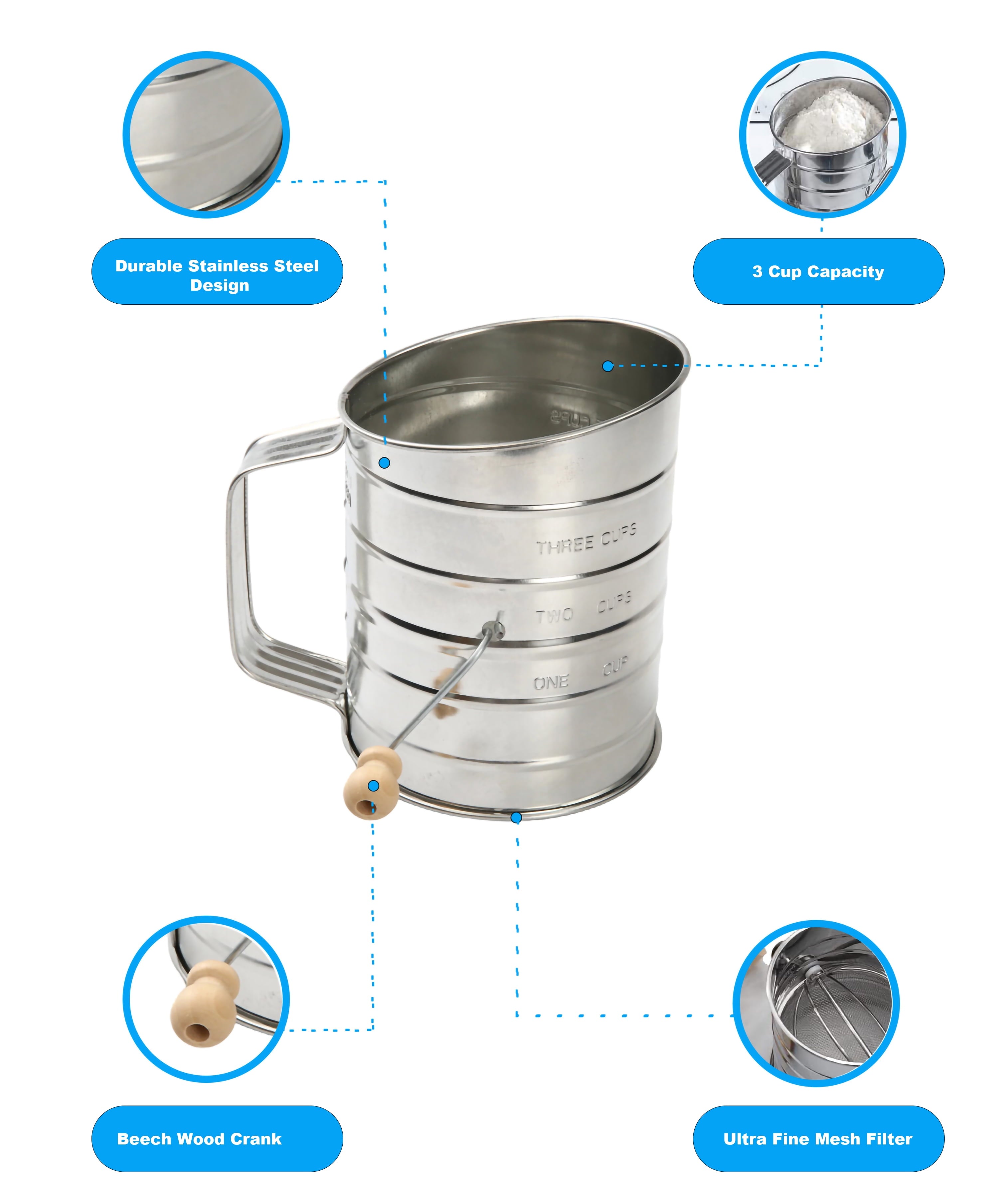 Ergonomic Manual Stainless Steel 3 Cup Flour Hand-Crank Sifter with Beechwood Handle Silver - Innovative Kitchen Helper for Modern Cooking Detail
