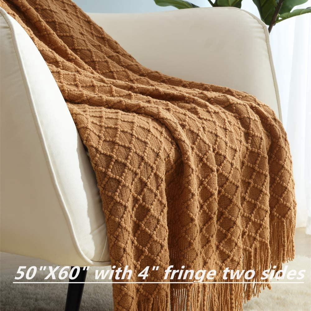 Lightweight Warm Home Decor Rustic Couch Sofa Chair Bed Throw Blanket, Soft Warm Light Weight in Spring Summer (50''X60'' Brown) - Luxury Knitted Decorative Throw Blanket with Fringes Detail