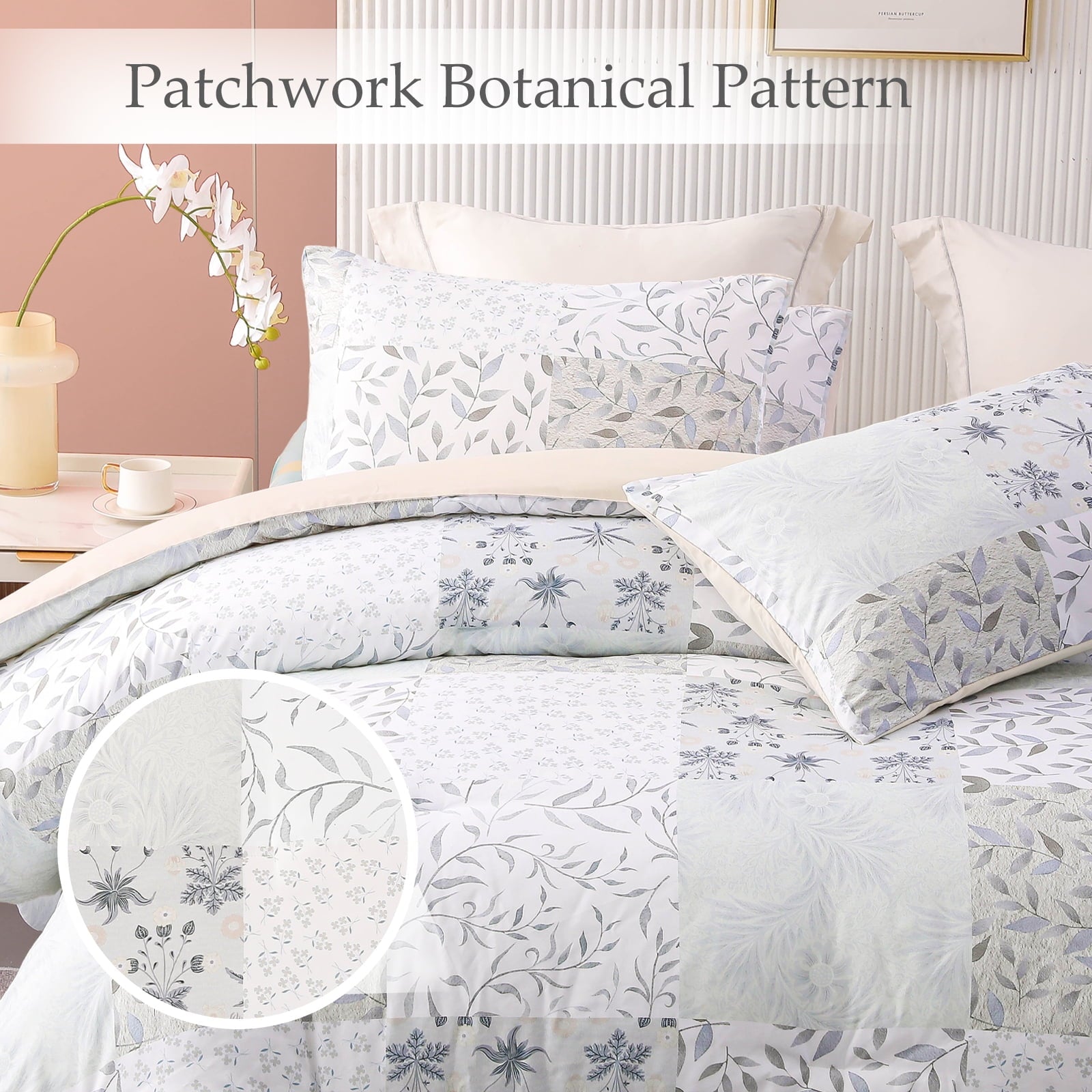 Fluffy Down Alternative 3-Piece Patchwork King Size Comforter Set, Microfiber Bedding Down Alternative Comforter for All Seasons with 2 Pillo... - Hypoallergenic Ultra-Fluffy Quilt for Winter Detail
